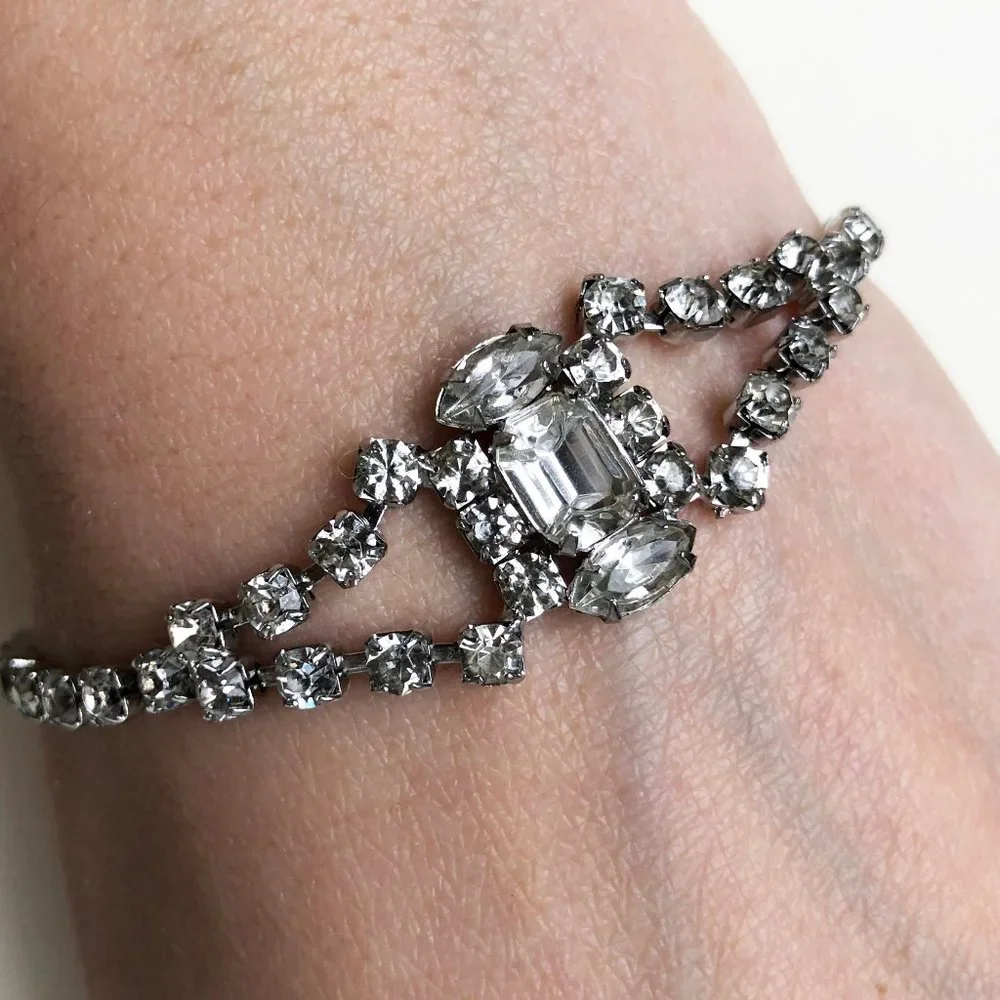 Fancy rhinestone tennis bracelet, dainty clear crystal cocktail party bracelet
